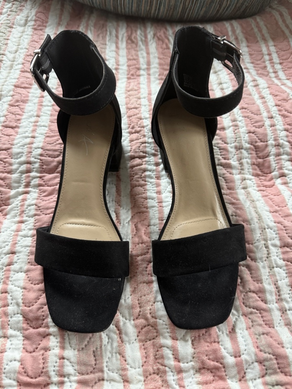 Unlisted Black Suede Ankle-Strap Block Heel Sandals